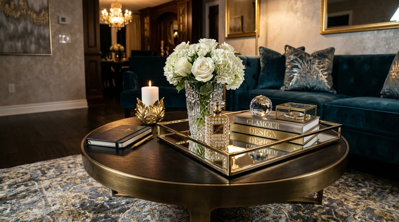 Coffee table decor with a cluster of candles and soft styled accents.