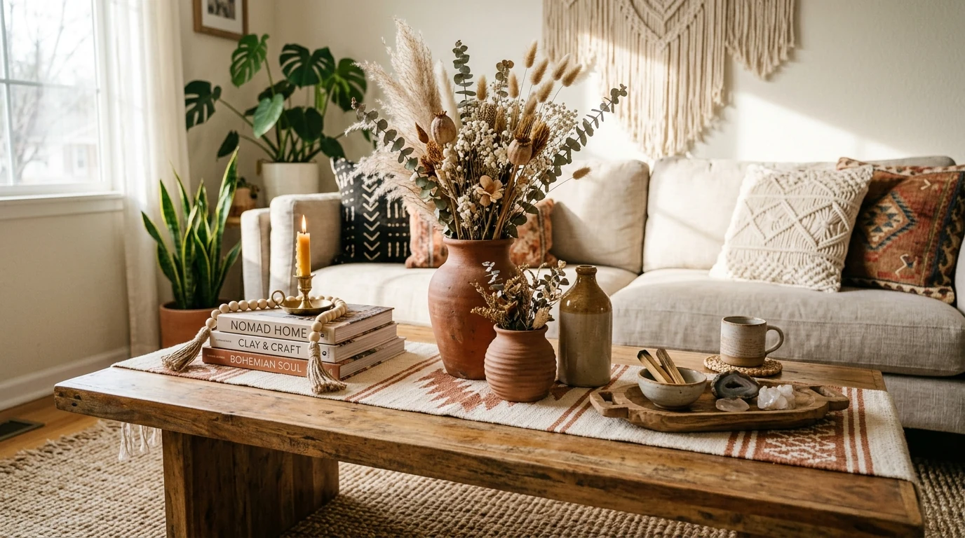 Living room coffee table with a sculptural decorative bowl as a centerpiece.