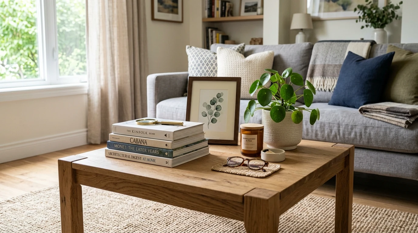 Coffee table arrangement showing varied heights across decor objects.