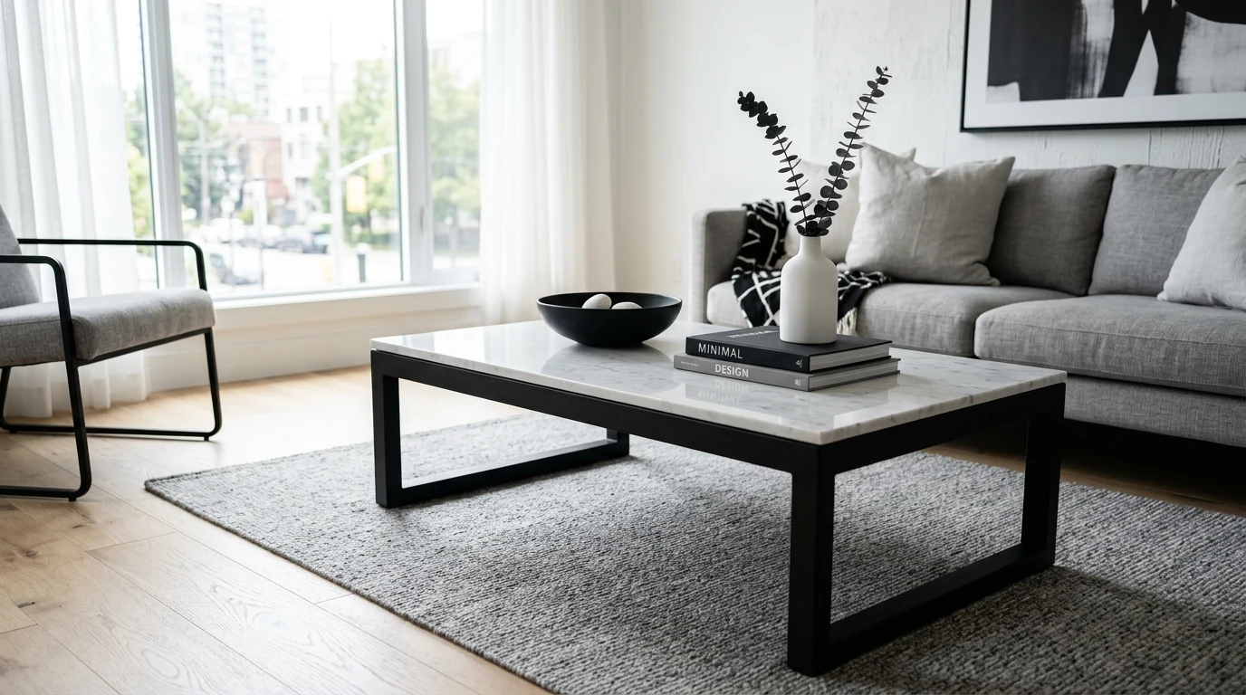 Styled coffee table with greenery and organic decor textures.
