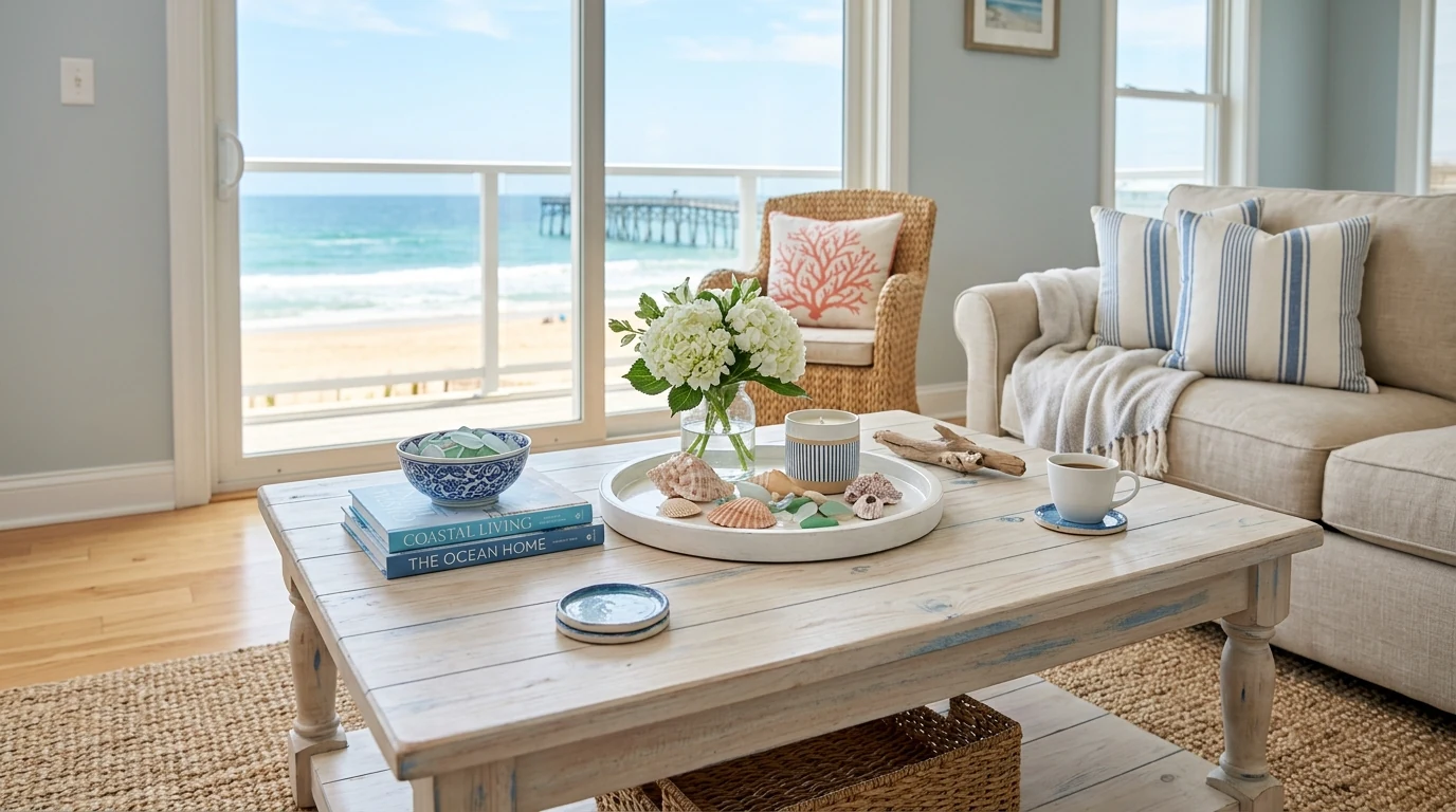Minimal coffee table styling with one statement sculptural object.