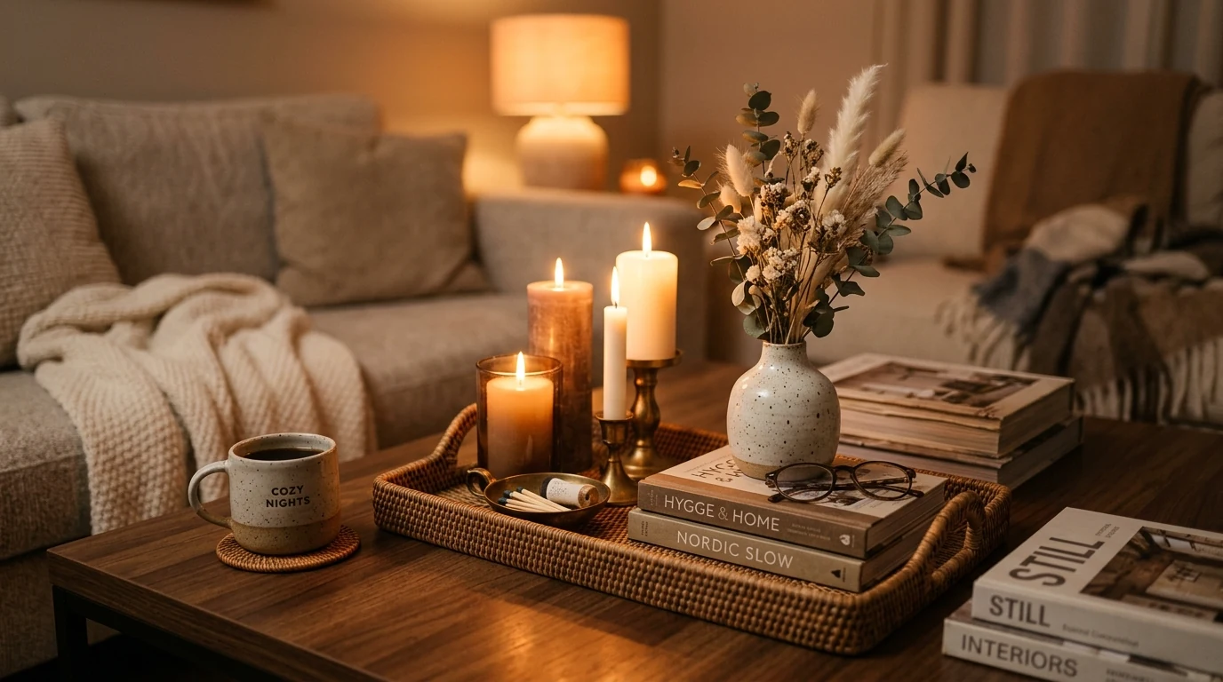 Cohesive coffee table arrangement in a warm neutral color palette.
