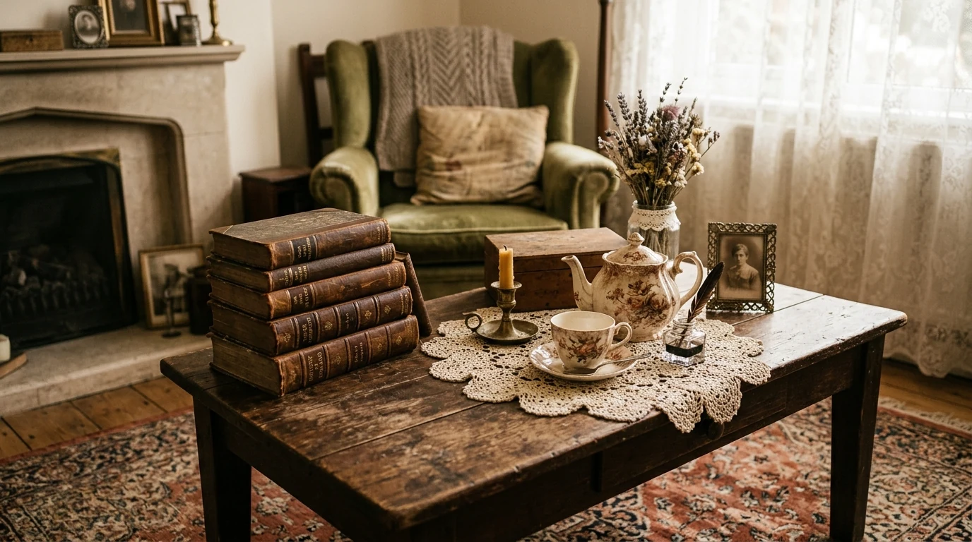 Coffee table decorated with woven texture and layered living room accessories.