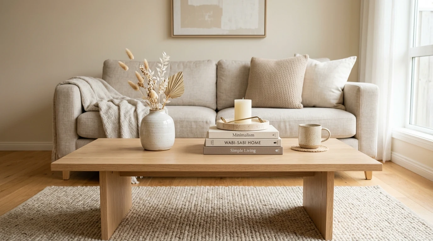 Asymmetrical coffee table styling with balanced decorative groupings.