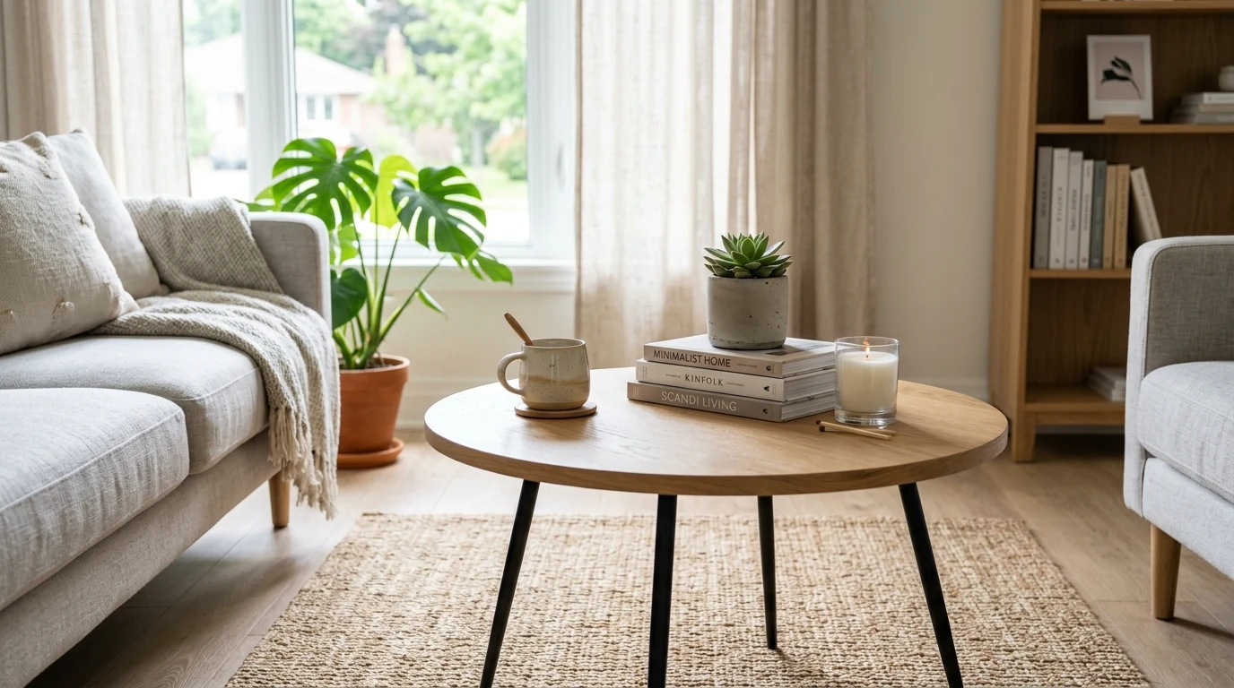 Beautiful coffee table arrangement with intentional open space and edited decor.