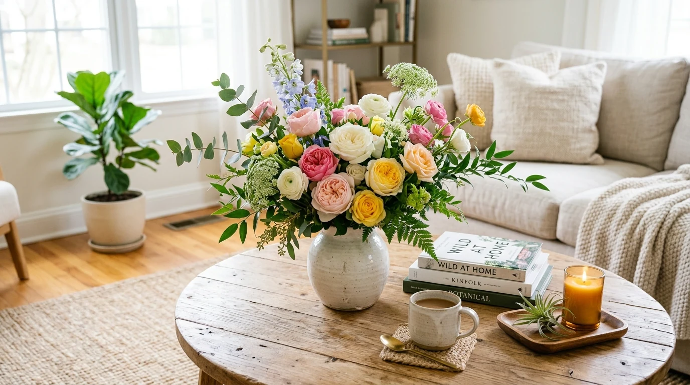 Family-friendly coffee table arrangement that balances style and practicality.
