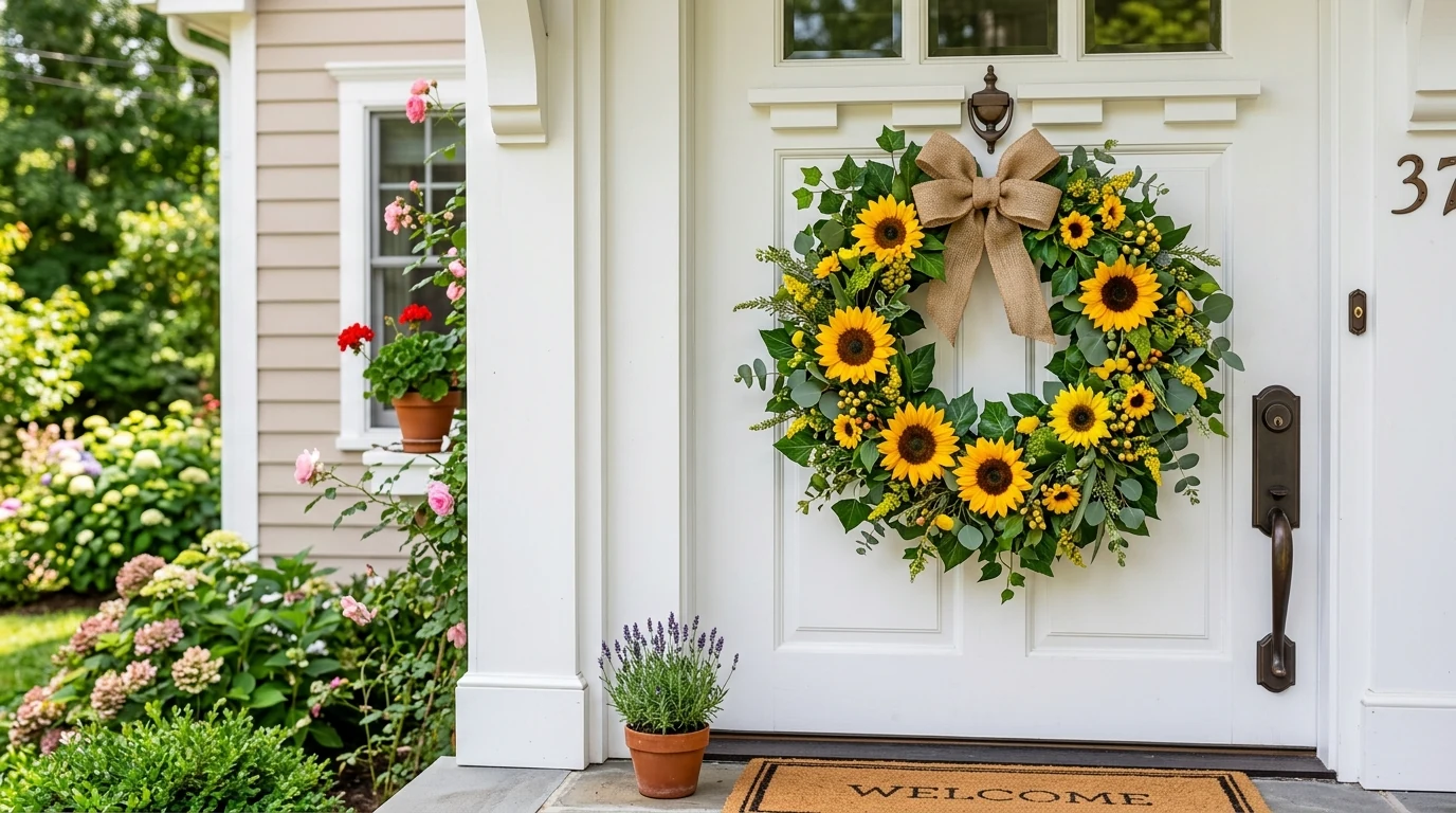Sunny summer wreath door hanger creating a cheerful front door welcome.