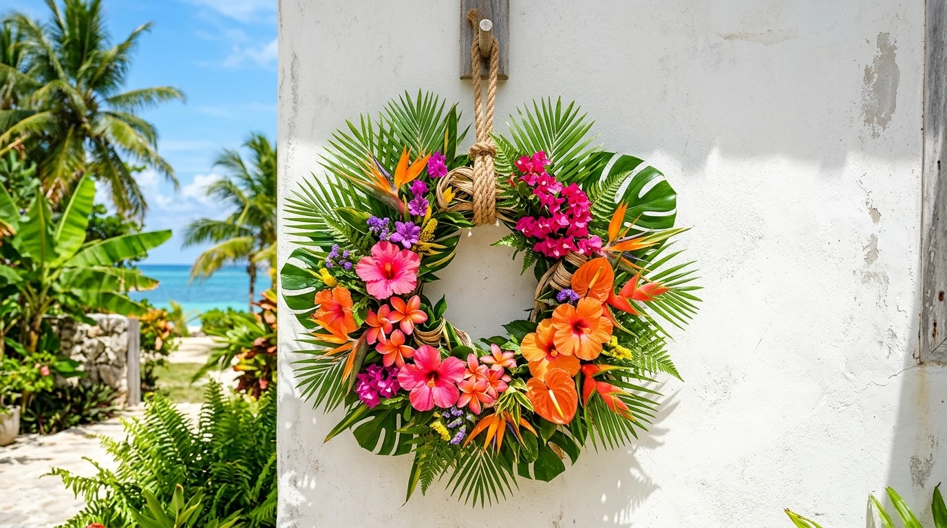 Summer door hanger with coastal accents and light blue ribbon.