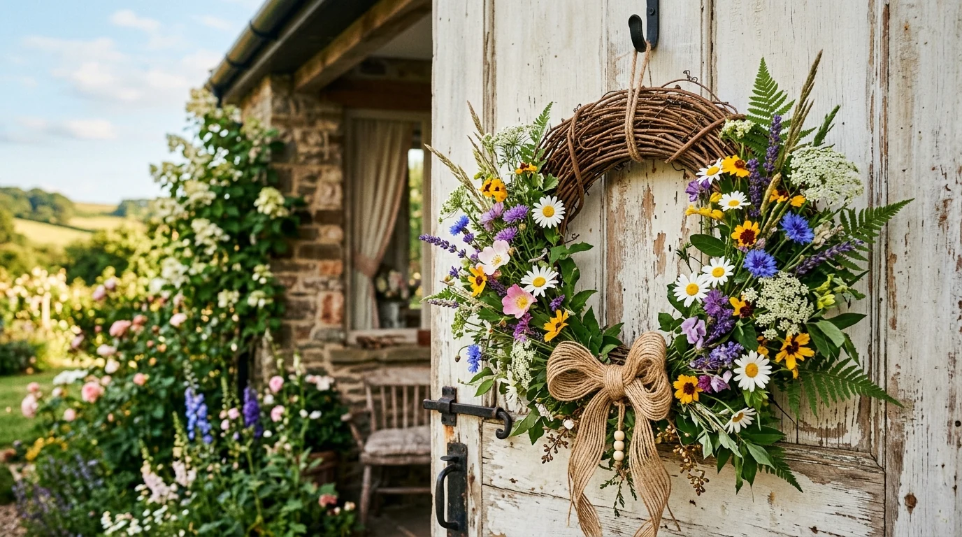 Cheerful summer wreath with tropical leaves and bold colorful flowers.