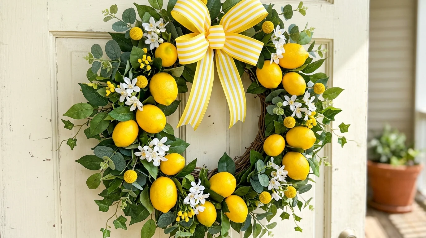 Minimal summer wreath with greenery and a soft linen bow.