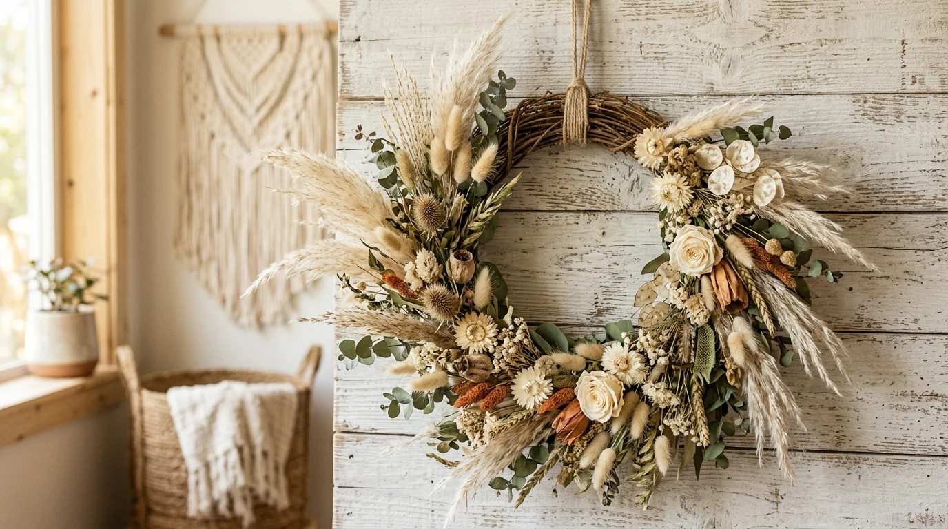 Sunny rustic summer wreath with lavender and wheat for a cheerful welcome.