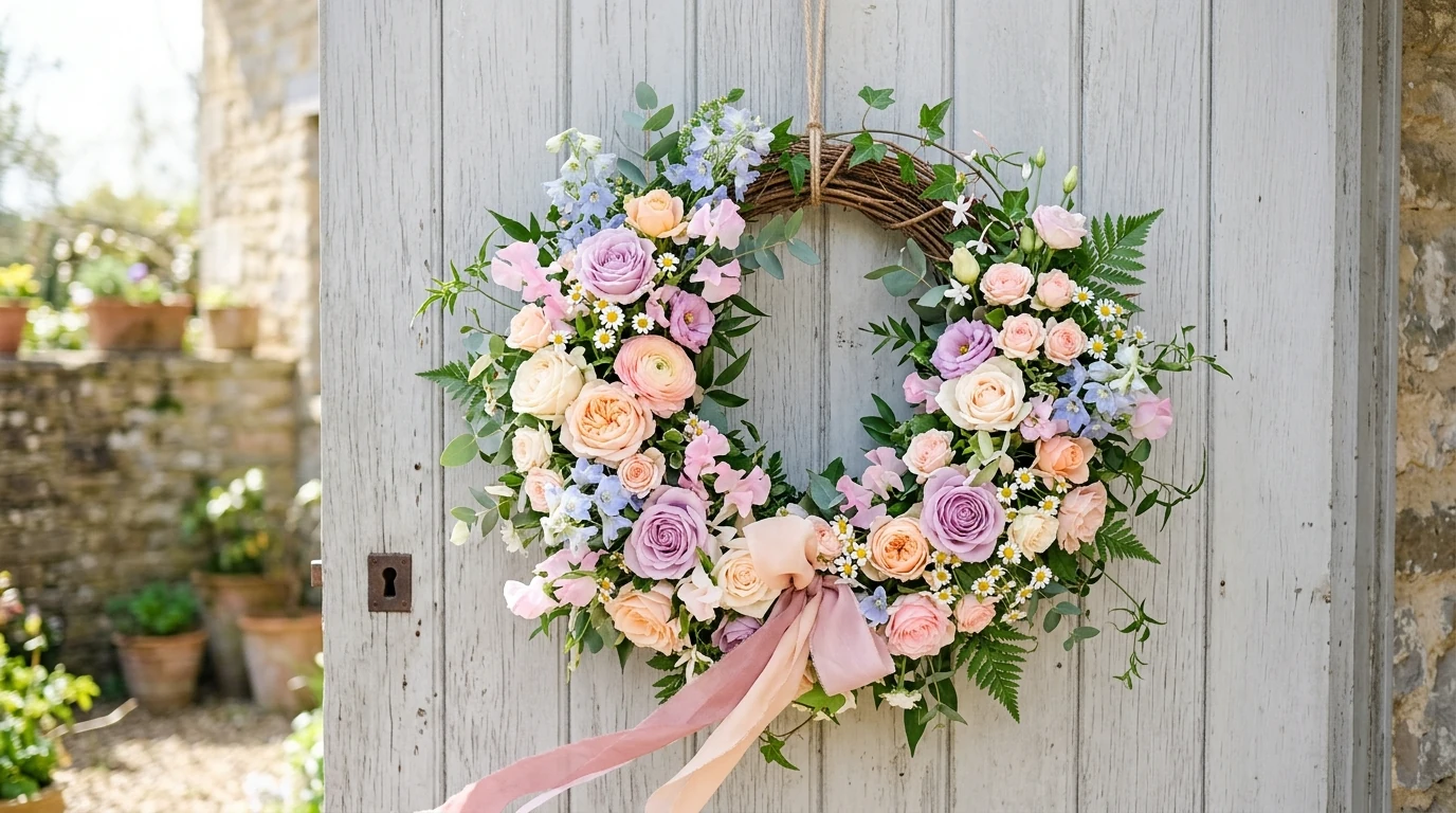 Playful rainbow flower wreath creating a cheerful summer front door.