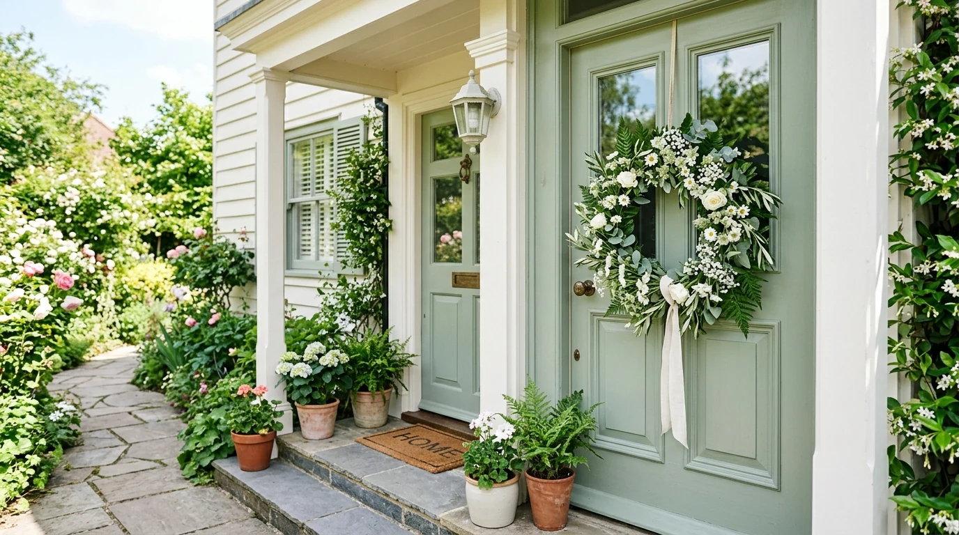 Patriotic summer wreath with fresh floral contrast for a cheerful welcome.
