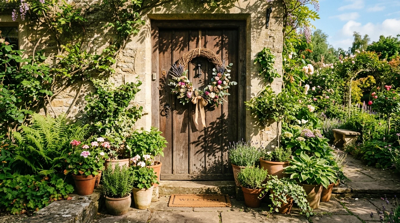 Summer wreath made with herbs and garden-inspired natural texture.