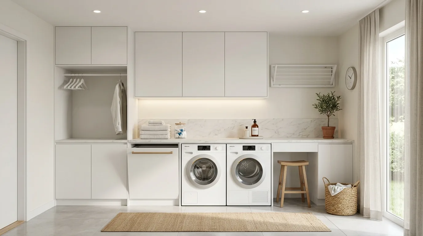 Modern minimalist laundry room with white cabinets, front-load machines, and a marble countertop.