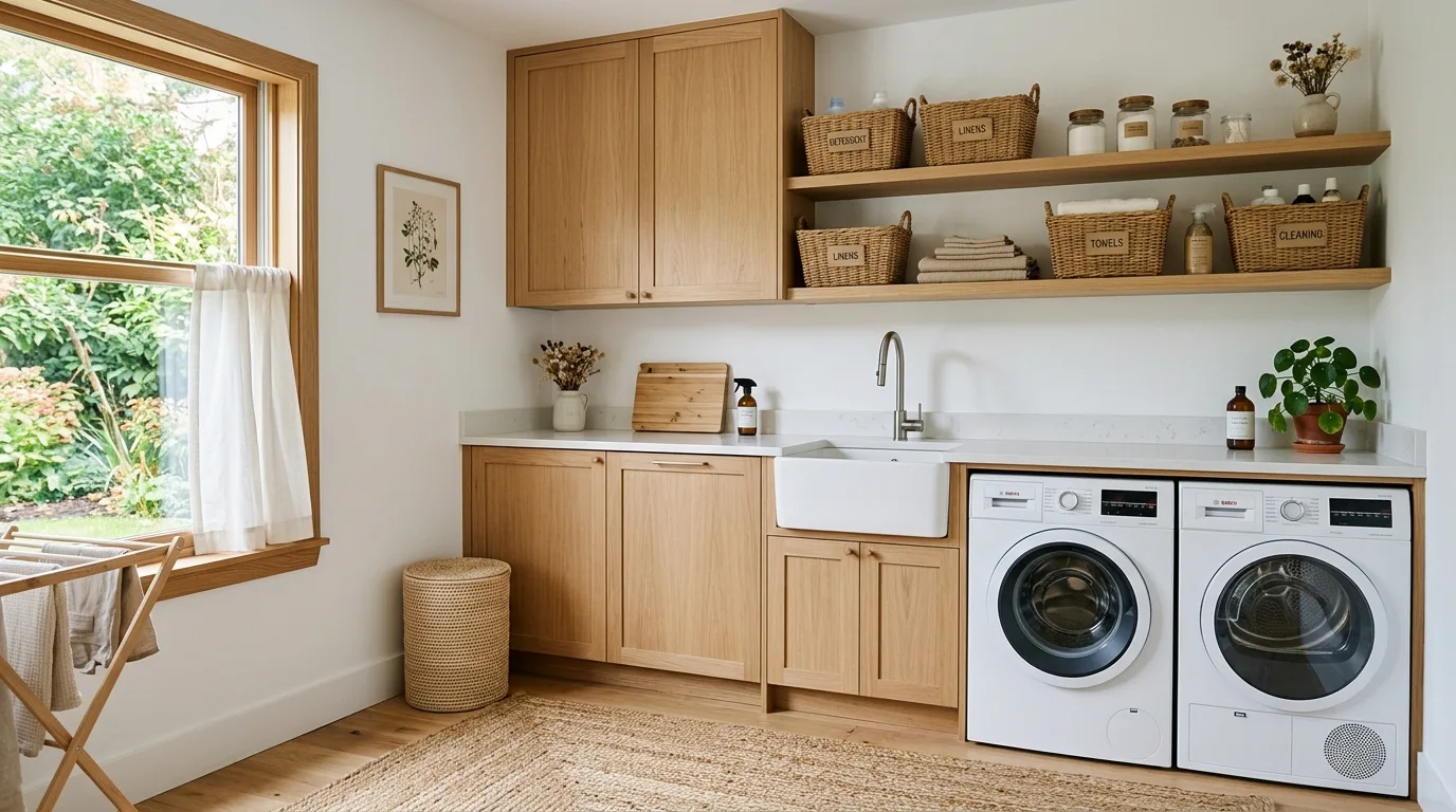 Scandinavian laundry room with light wood cabinetry and open shelving.