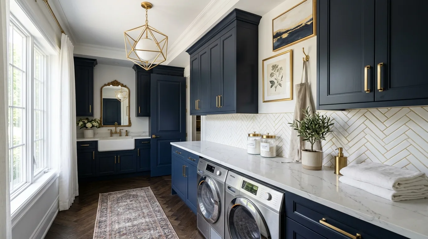 Luxury laundry room with dark navy cabinets, gold hardware, and pendant lighting.