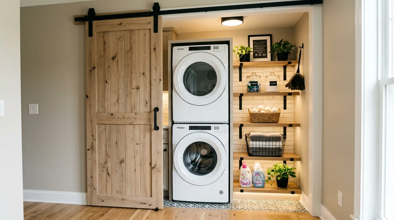 Small laundry nook with stacked washer dryer, vertical shelving, and a barn door.