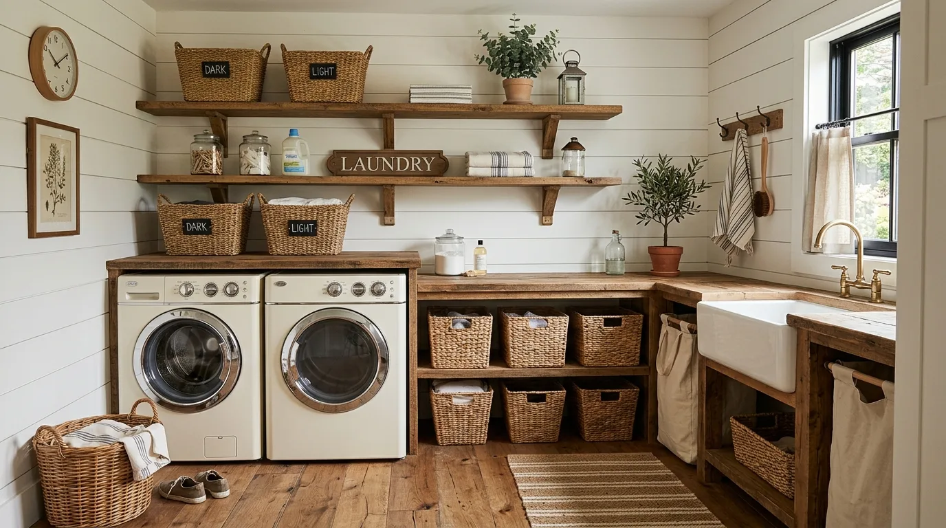 Farmhouse laundry room with shiplap walls, rustic shelves, and woven baskets.