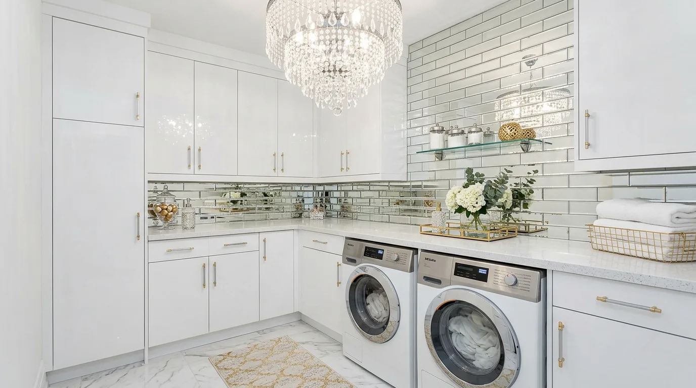 Glam laundry room with glossy white cabinets, mirrored backsplash, and crystal lighting.