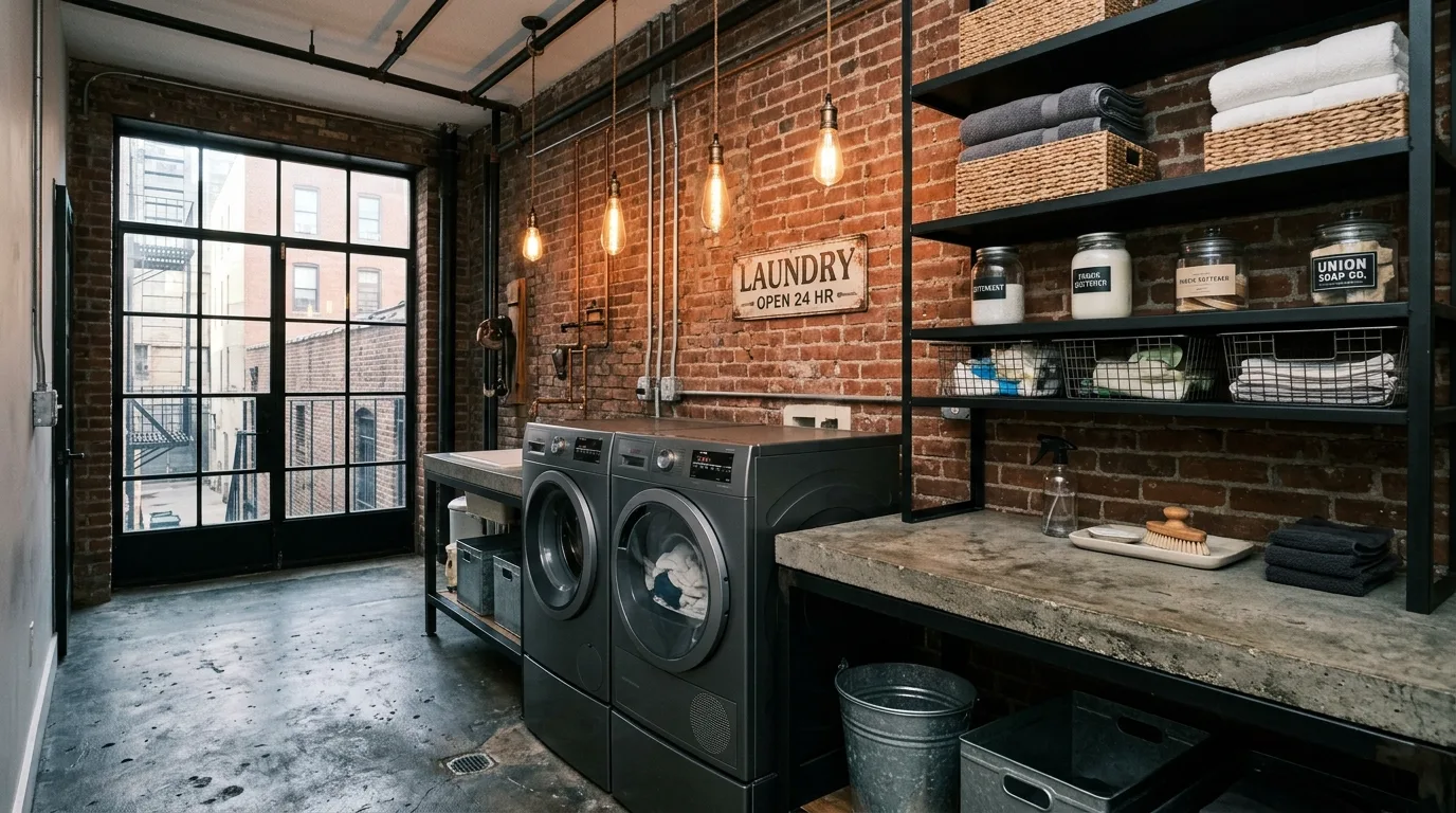 Industrial-style laundry room with exposed brick walls, metal shelving, and concrete countertop.
