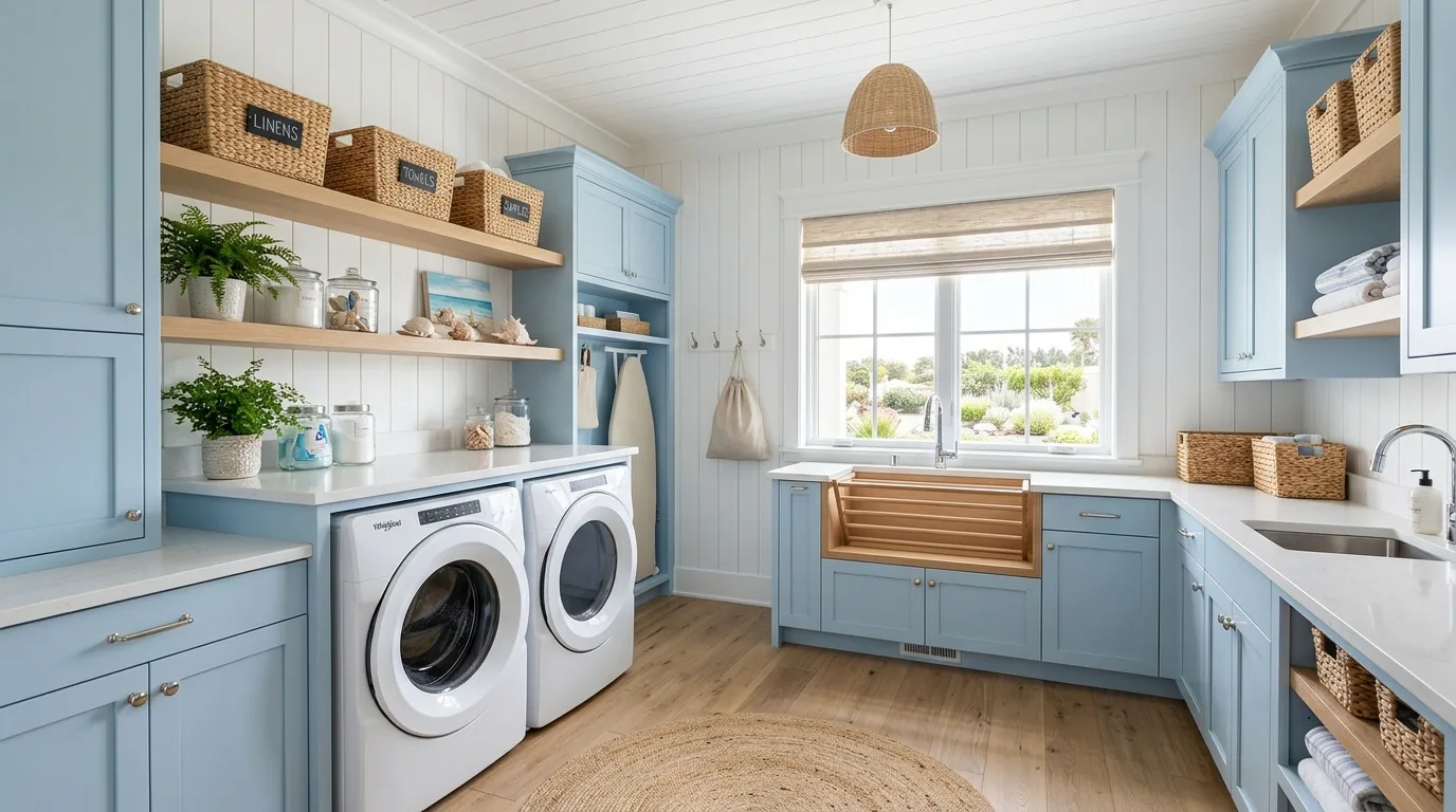 Coastal-inspired laundry room with blue cabinets, beadboard walls, and wicker baskets.