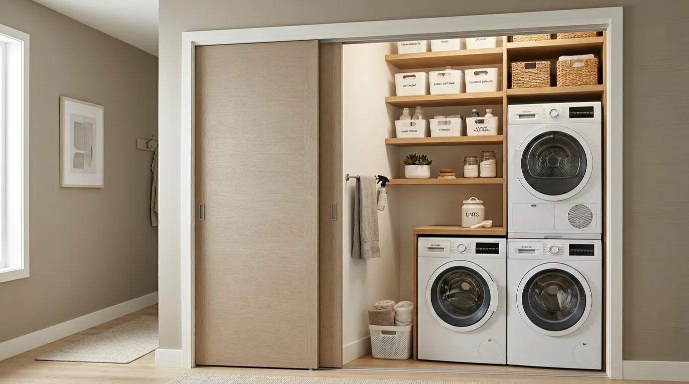 Compact modern laundry closet with sliding doors and organized shelving.