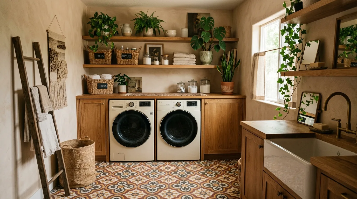 Boho chic laundry room with patterned tile, open shelving, and plants.