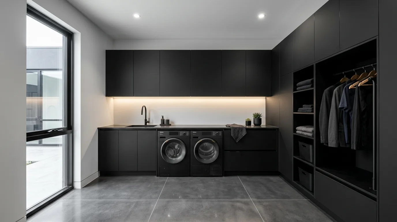 High-end contemporary laundry room with matte black cabinets and integrated appliances.