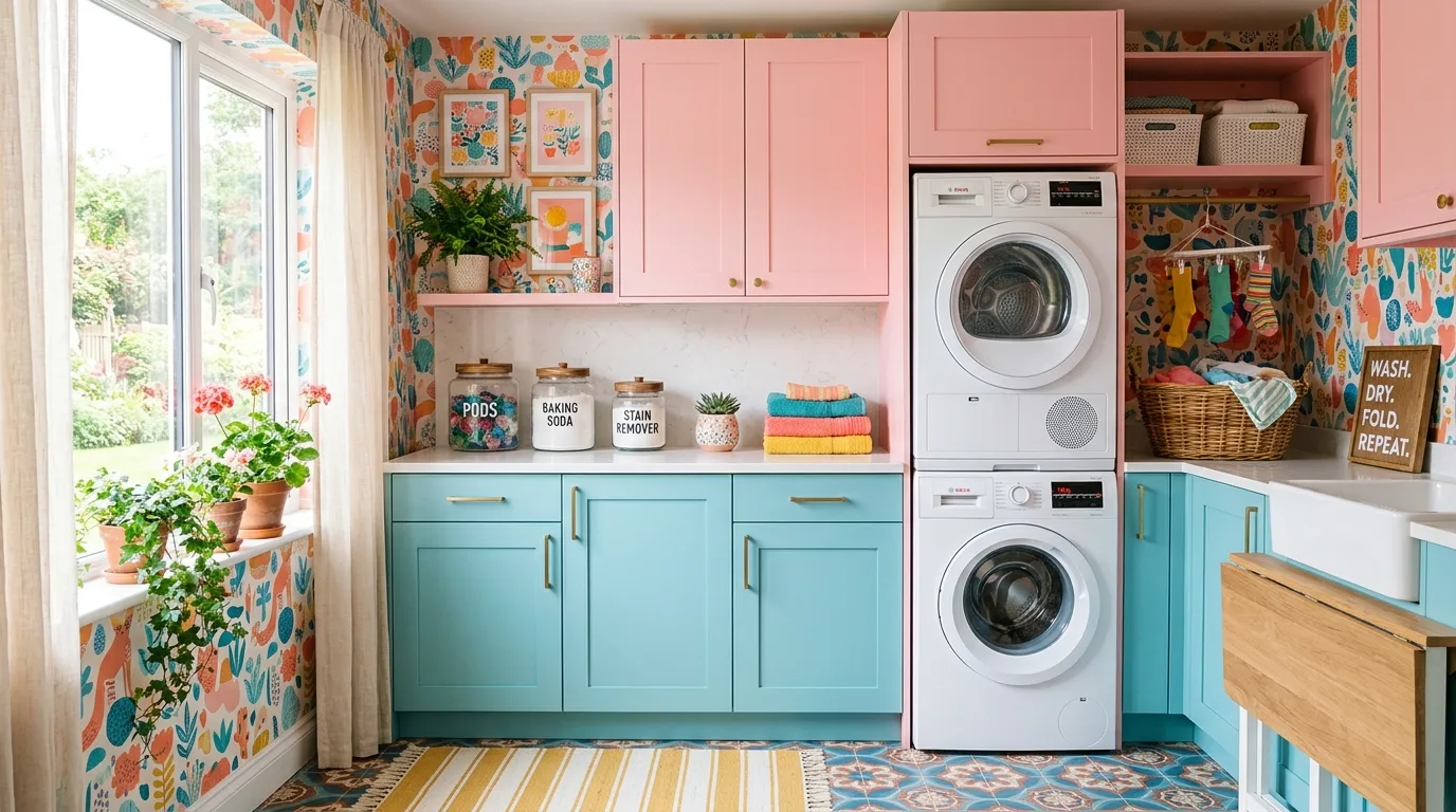 Bright colorful laundry room with pastel cabinets and playful wallpaper.