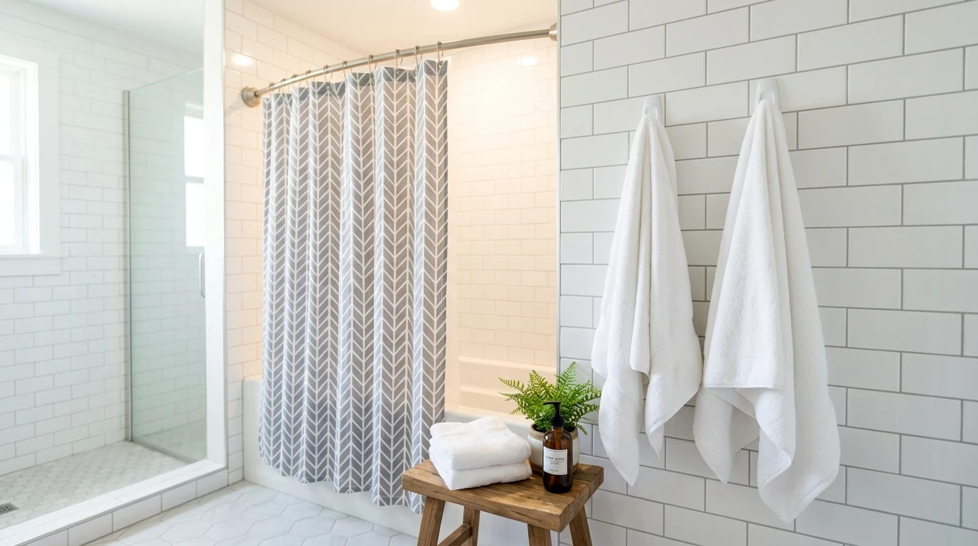 Rental decor upgrade with curtains hung higher and wider.