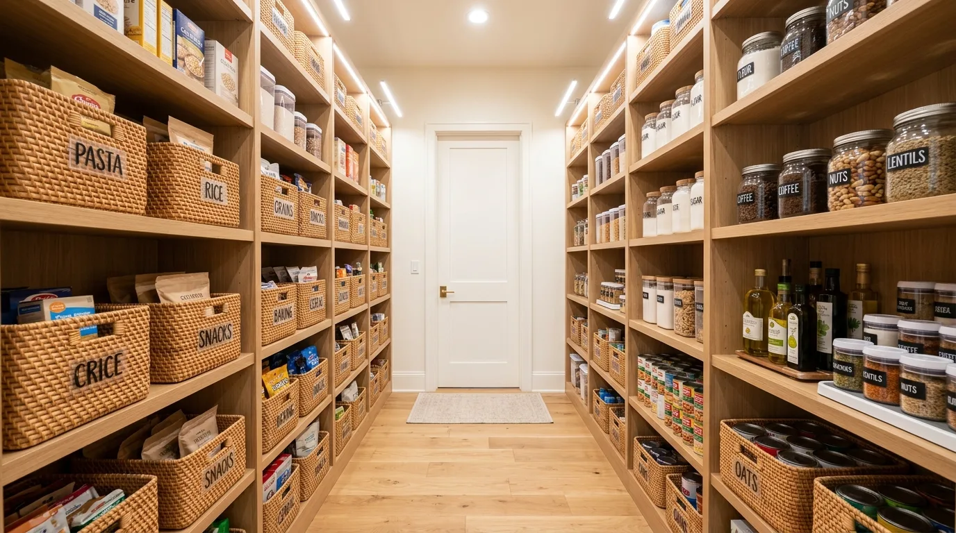 Tidy walk-in pantry organized with baskets, bins, and clear storage systems.