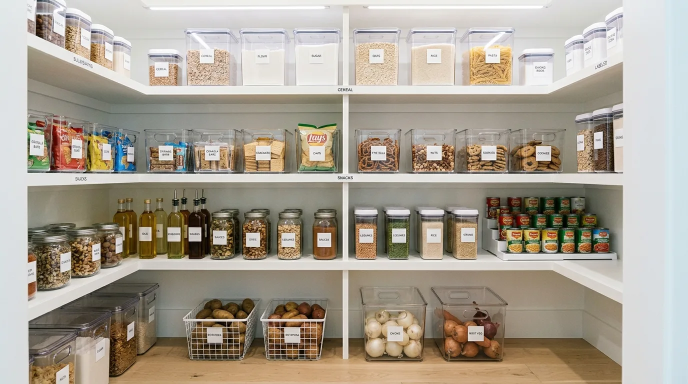 Organized pantry with labeled baskets grouping food items by category.