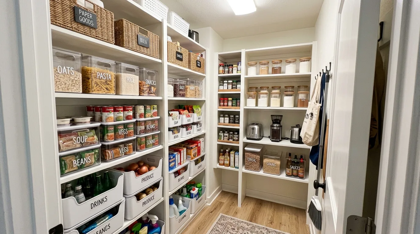 Walk-in pantry with adjustable shelves arranged for flexible kitchen storage.