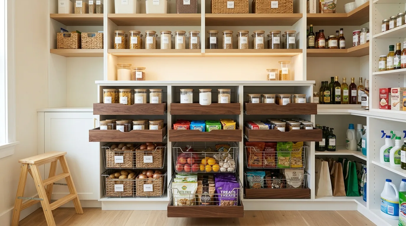 Pantry organization idea with a small countertop zone for appliances.