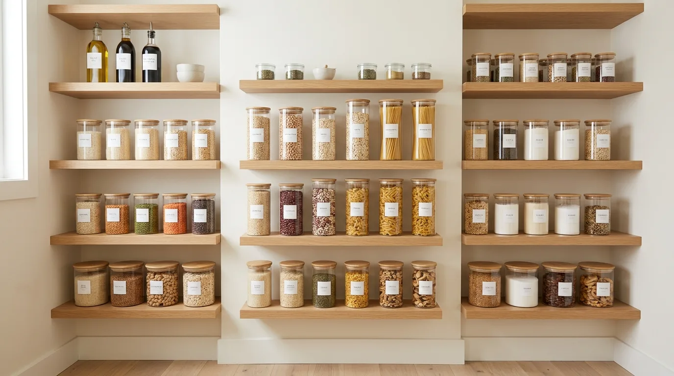 Walk-in pantry using shallow door storage racks for spices and kitchen items.