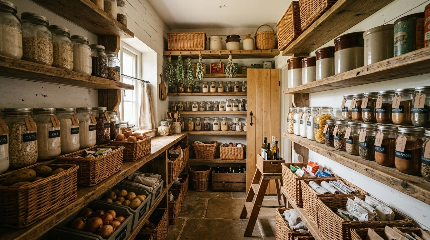 Pantry shelf with tiered can organizers creating a tidy visible layout.