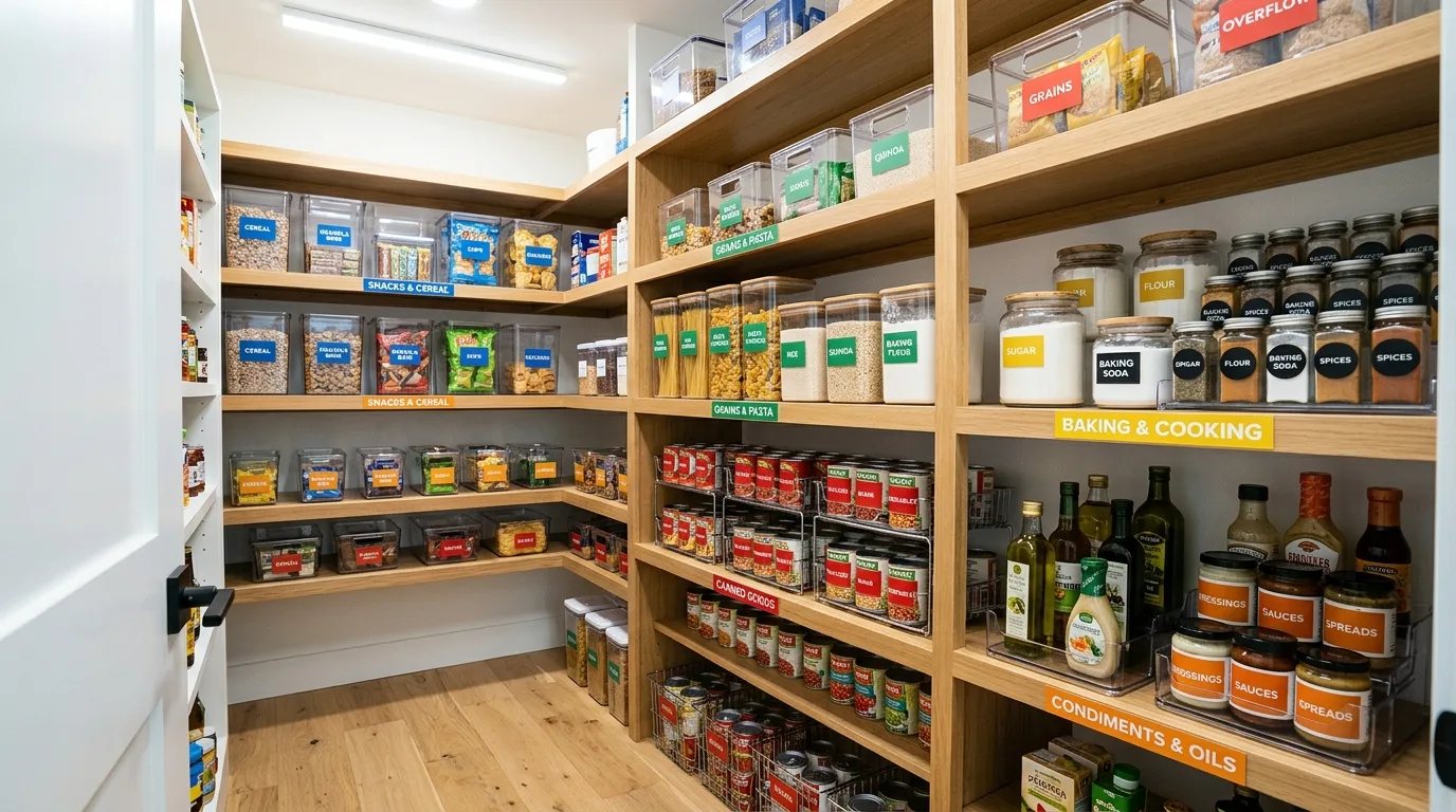 Walk-in pantry baking station with ingredients and tools stored together.