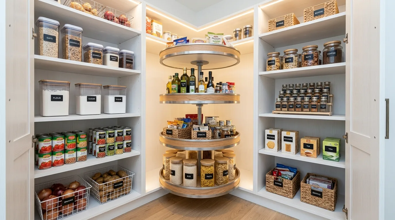 Pantry lower shelves organized with pull-out bins for easier access.