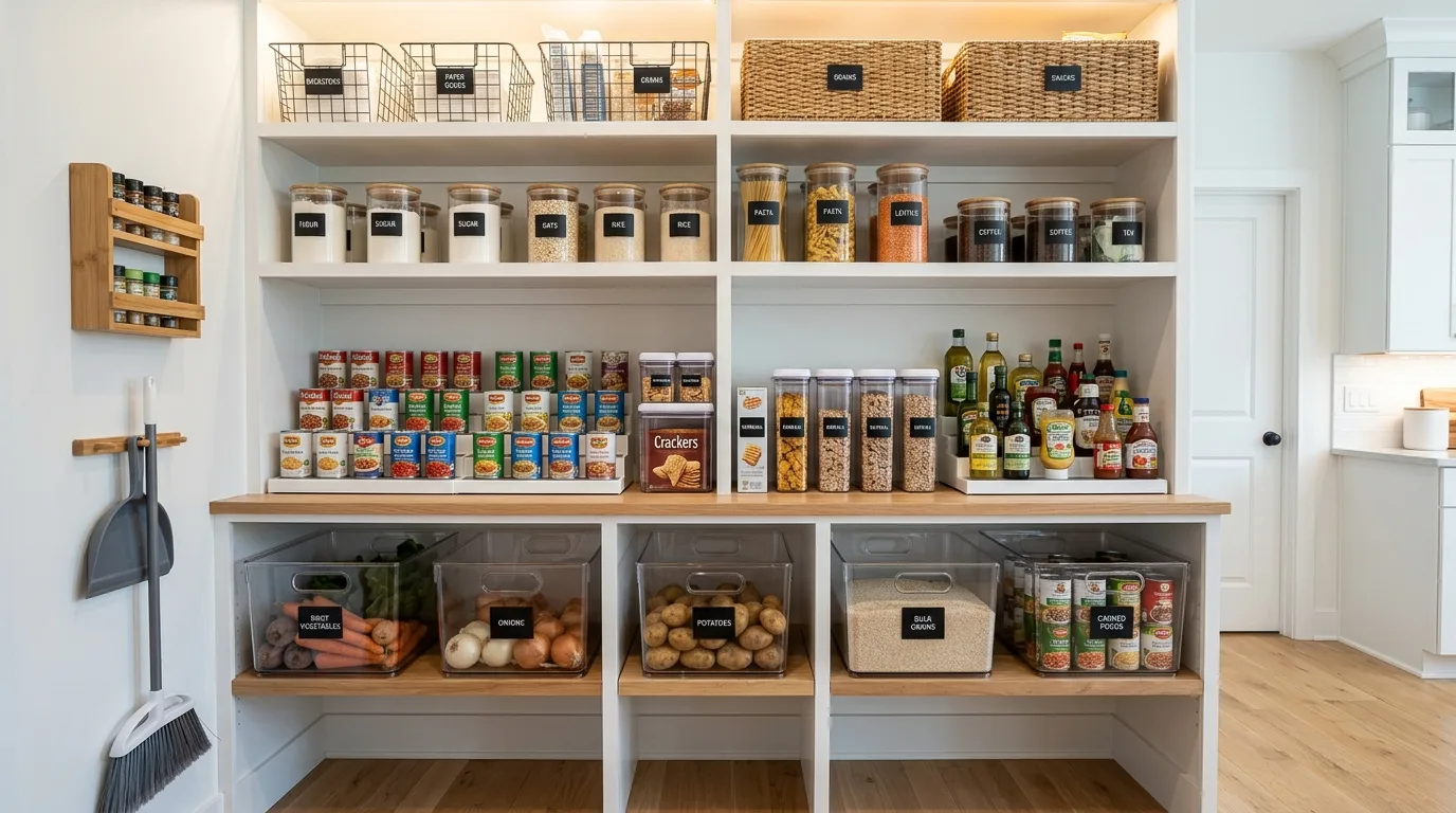 Family pantry with an easy-to-reach snack zone on lower shelves.