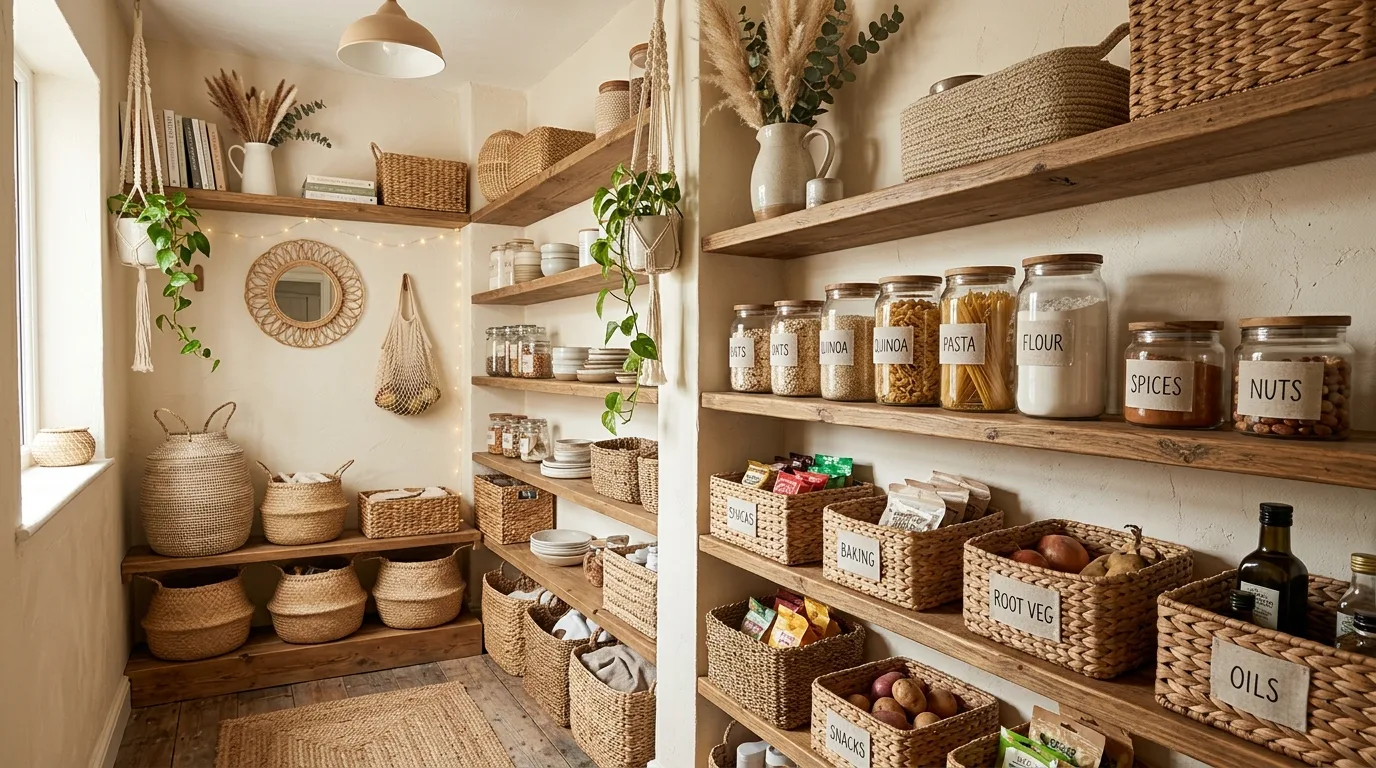 Tidy walk-in pantry using matching glass jars for kitchen staples.
