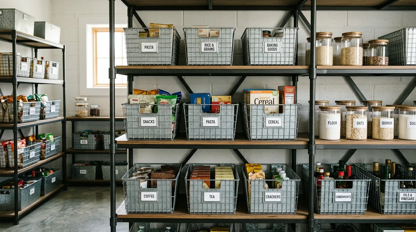 Walk-in pantry with vertical dividers storing trays and cutting boards neatly.