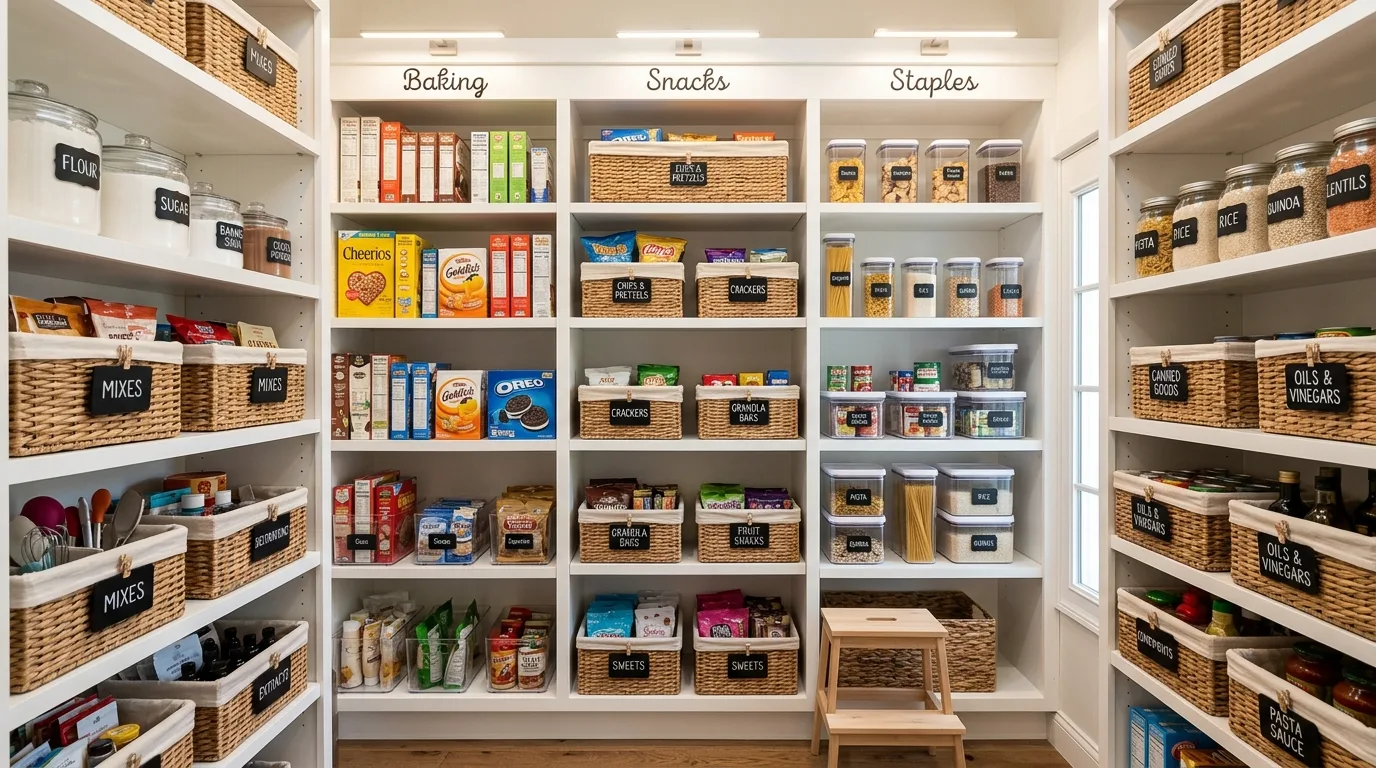 Pantry upper shelves holding bulk goods and overflow kitchen supplies.