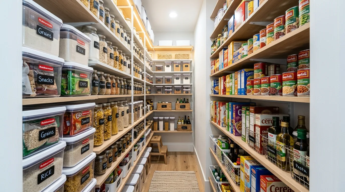 Organized walk-in pantry with uniform bins creating a clean cohesive look.