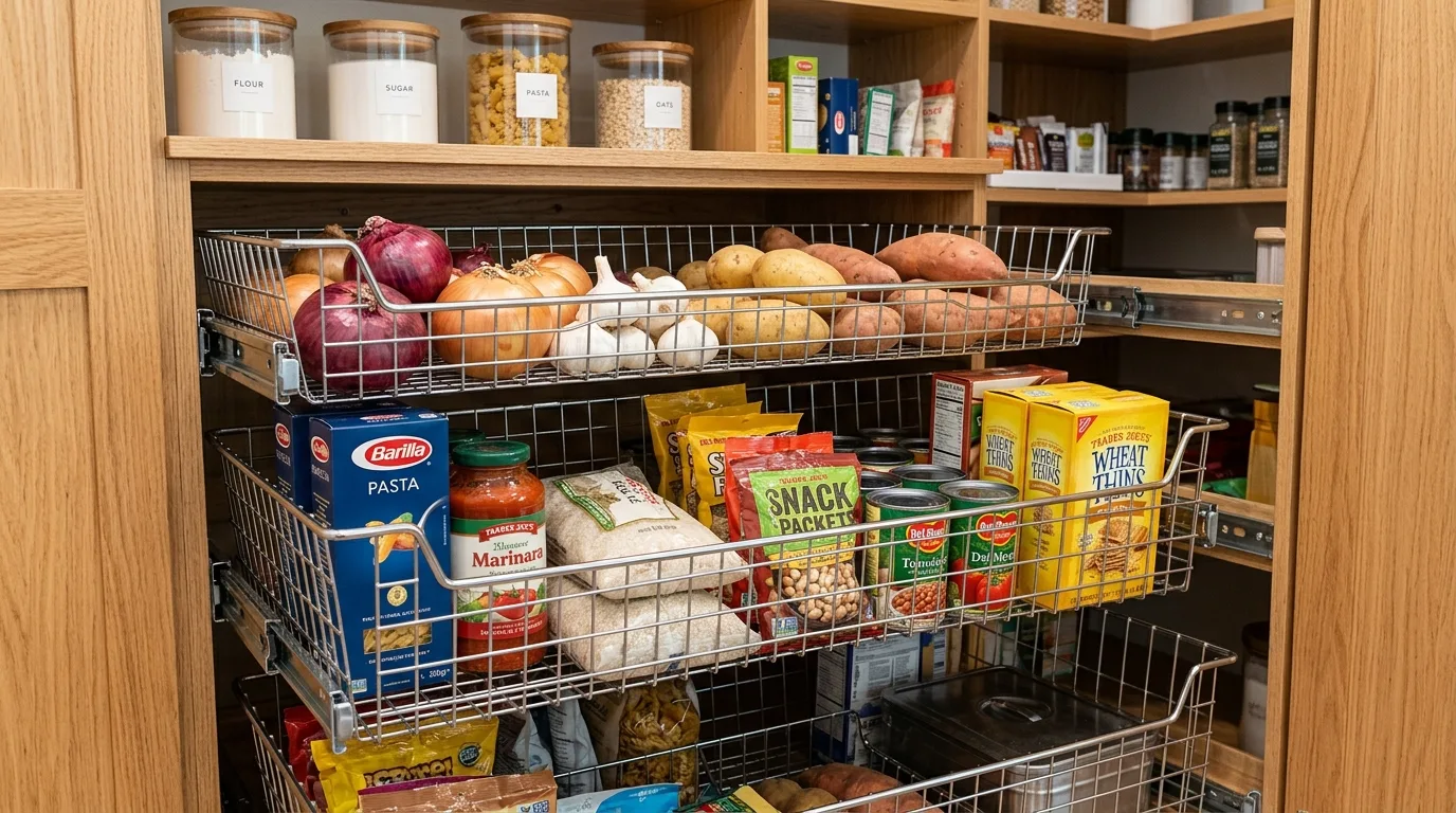 Walk-in pantry breakfast shelf organized with cereal, mugs, and morning essentials.