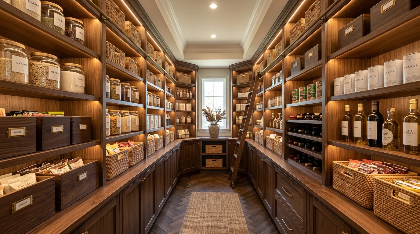 Tidy walk-in pantry with breathing room between organized categories and shelves.