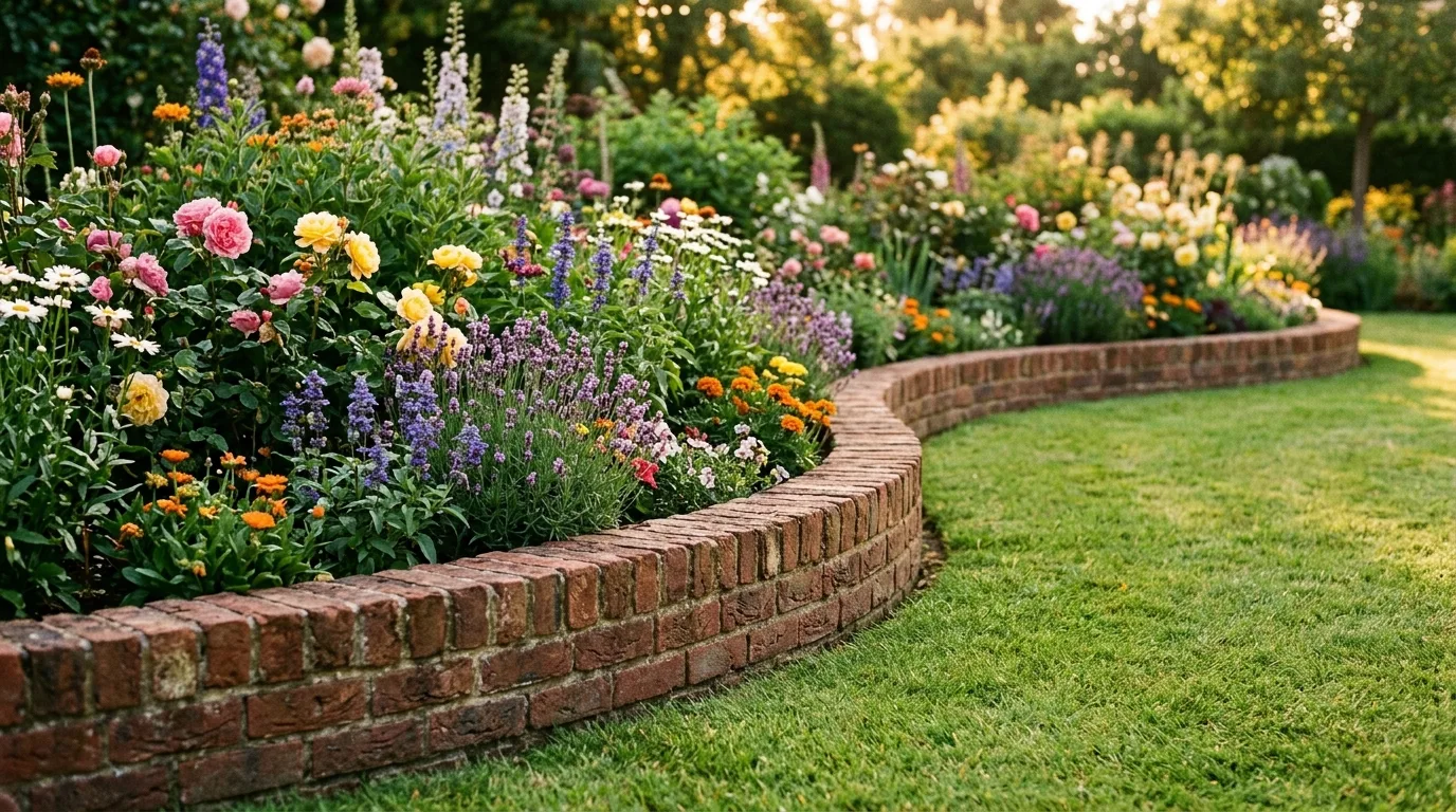 Curved brick flowerbed edging around a colorful garden bed in warm golden-hour light.