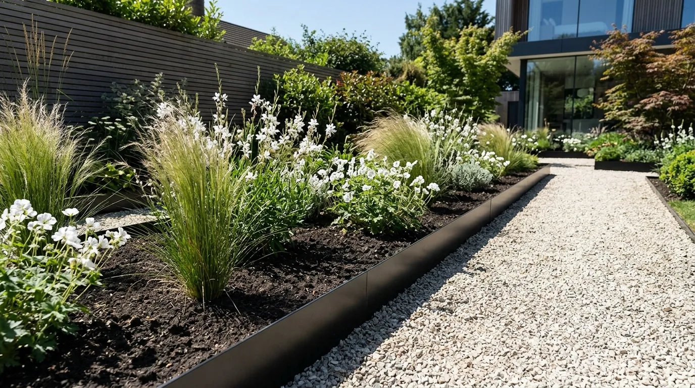 Modern black metal flowerbed edging beside gravel and minimalist planting.