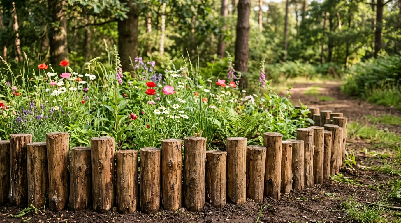 Wooden log flowerbed edging with vertical timber pieces and wildflowers.