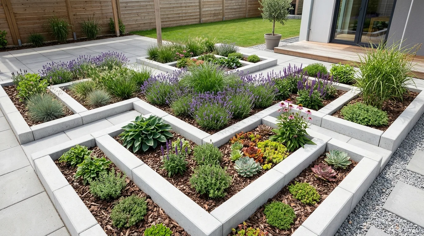 Concrete block flowerbed edging with geometric shapes in a modern backyard.